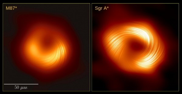 (좌측) 2021년 공개한 M87 은하 중심에 있는 초대질량블랙홀의 편광 영상, (우측) 이번에 공개한 우리은하 중심에 있는 초대질량 블랙홀 편광 영상. 한국천문연구원 제공